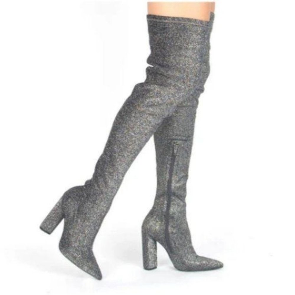 !NEW! Stretch Thigh Hi Chunky Heel Boots in Pewter - Picture 3 of 5